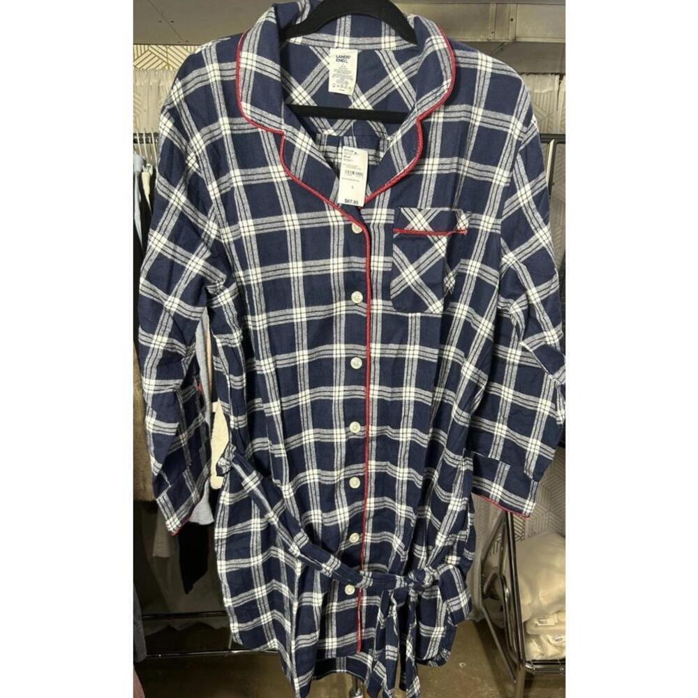 NWT Lands' End Sleepshirt Womens L (14-16) Flannel Blue White Plaid MSRP $67.95
